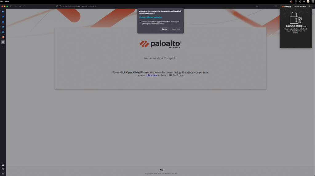 screenshot of MacOS GlobalProtect Launch Prompt webpage